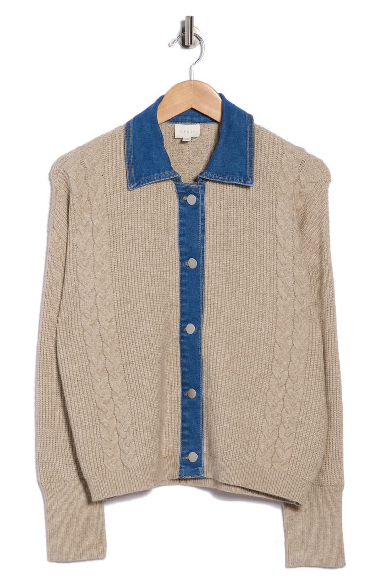 CYRUS Novelty Denim Trim Sweater, Main, color, Kitten Heather/ Denim