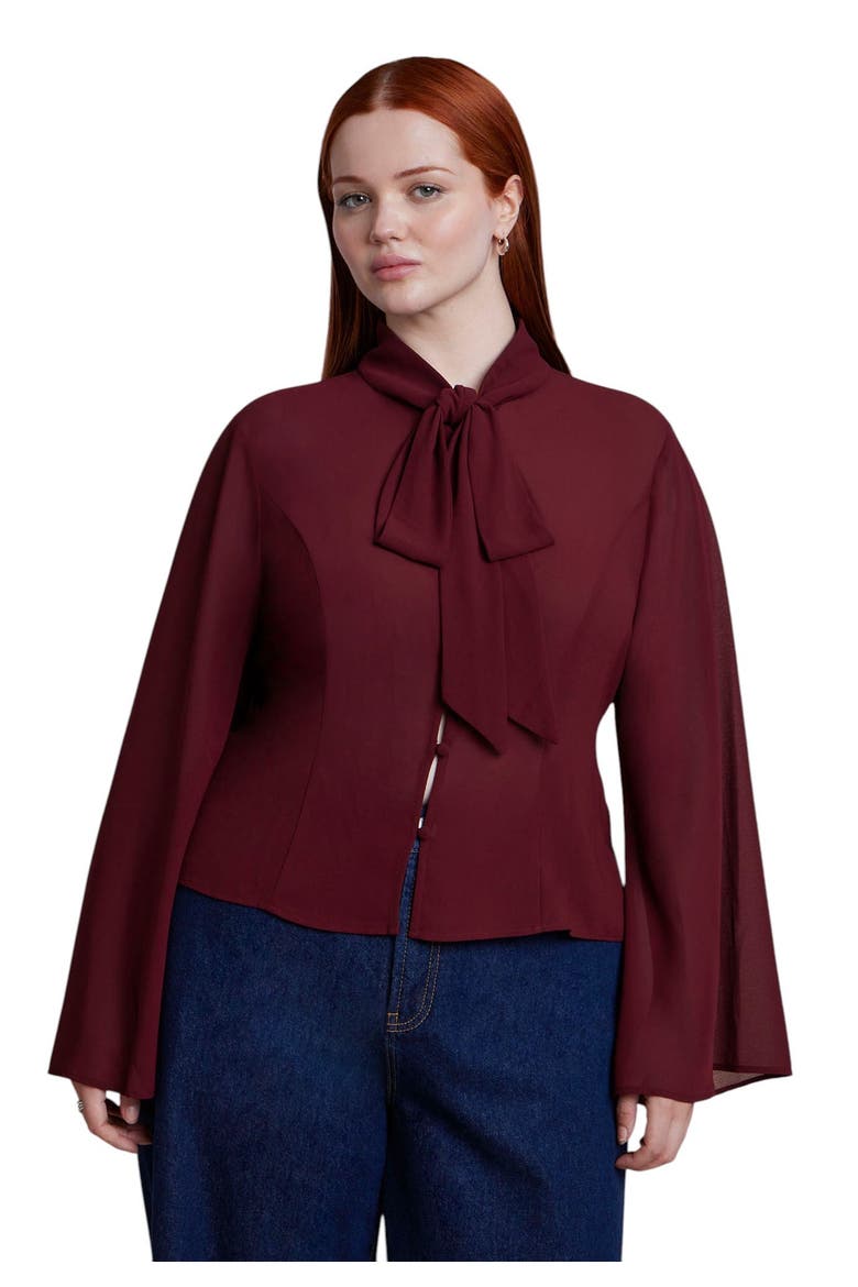 Tie Neck Sheer Top (plus), Main, color, OXBLOOD RED