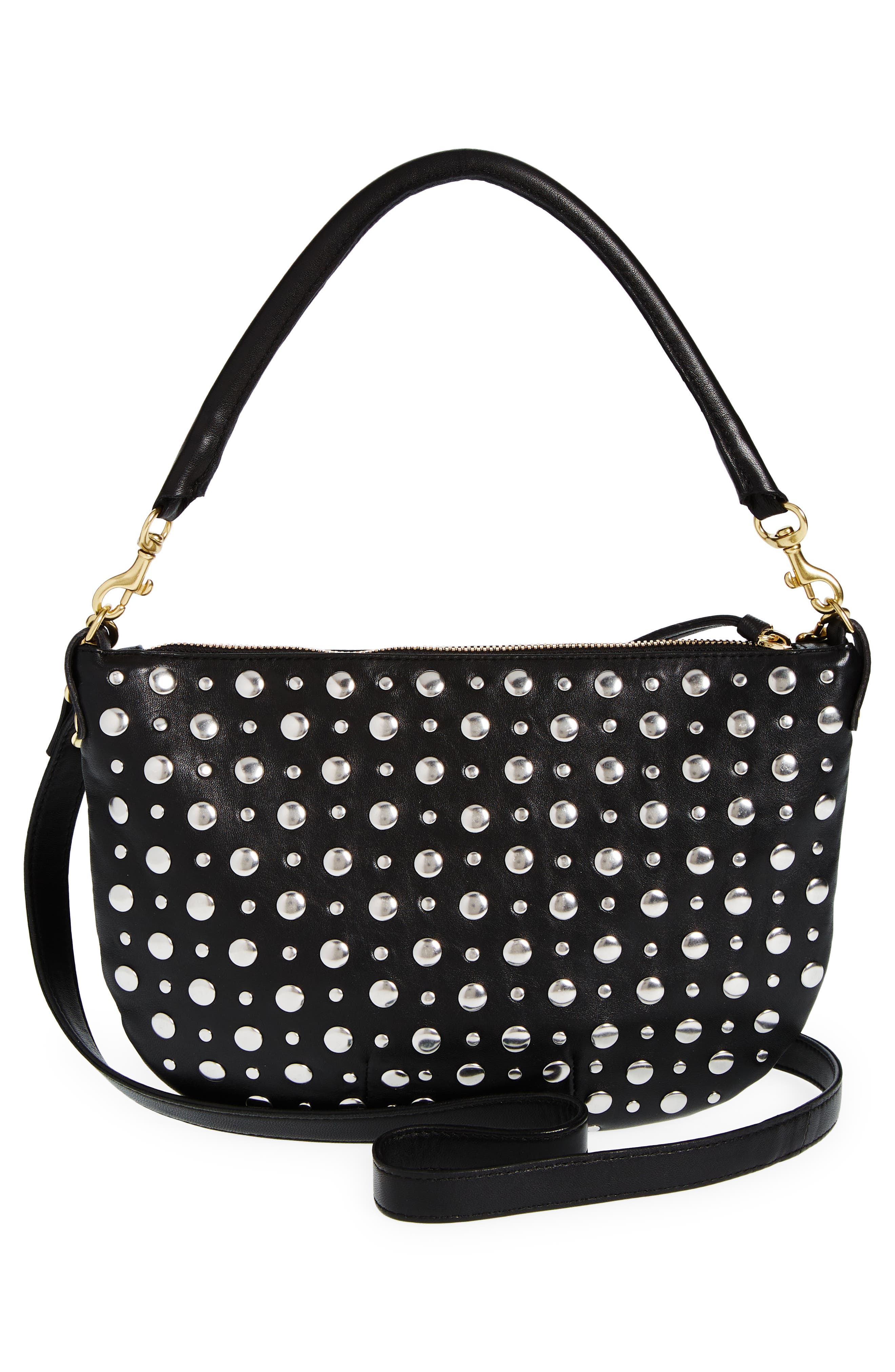 Clare V. Petit Moyen Silver Stud Embellished Leather Shoulder Bag, Alternate, color, 
