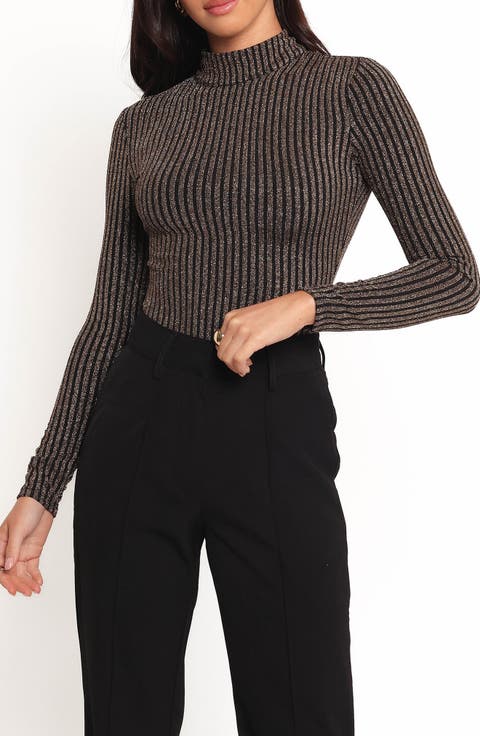 Vienah Metallic Rib Long Sleeve Bodysuit