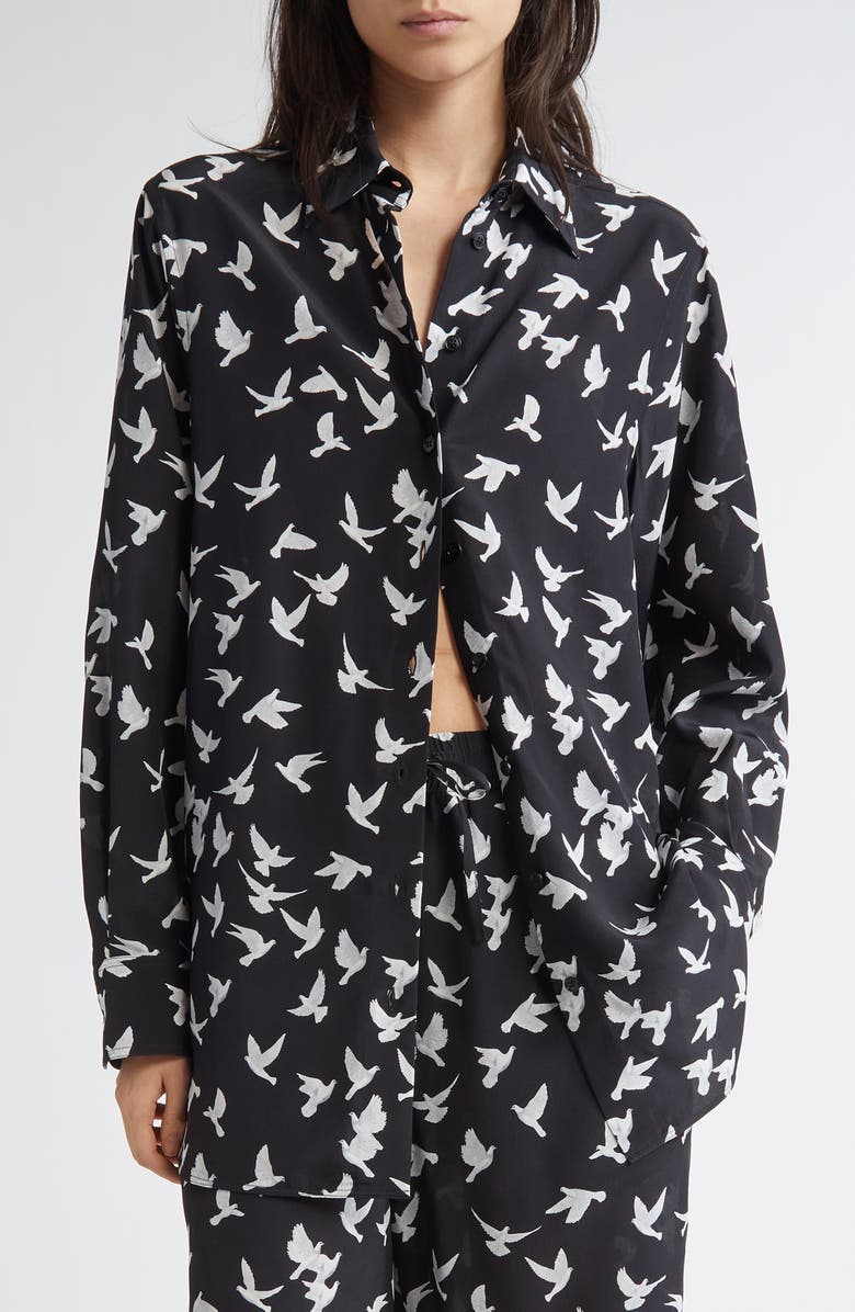 Stella McCartney Mini Birds Silk Button-Up Shirt, Main, color, Black