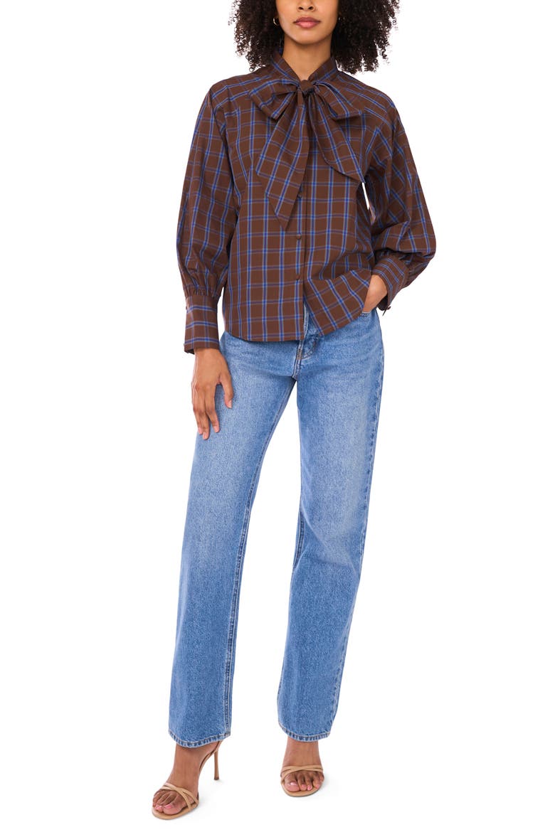 Plaid Tie Neck Button-Up Shirt, Alternate, color, CHOCOLATE LAB