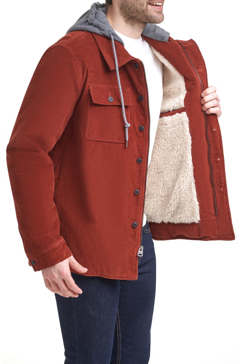 Levi's® Faux Shearling Lined Hooded Corduroy Shirt Jacket, Alternate, color, RUST