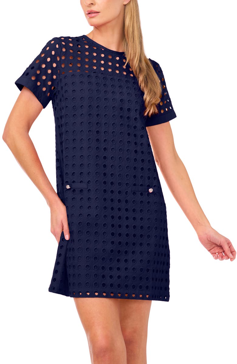 CeCe Circle Eyelet Shift Dress, Alternate, color, Classic Navy