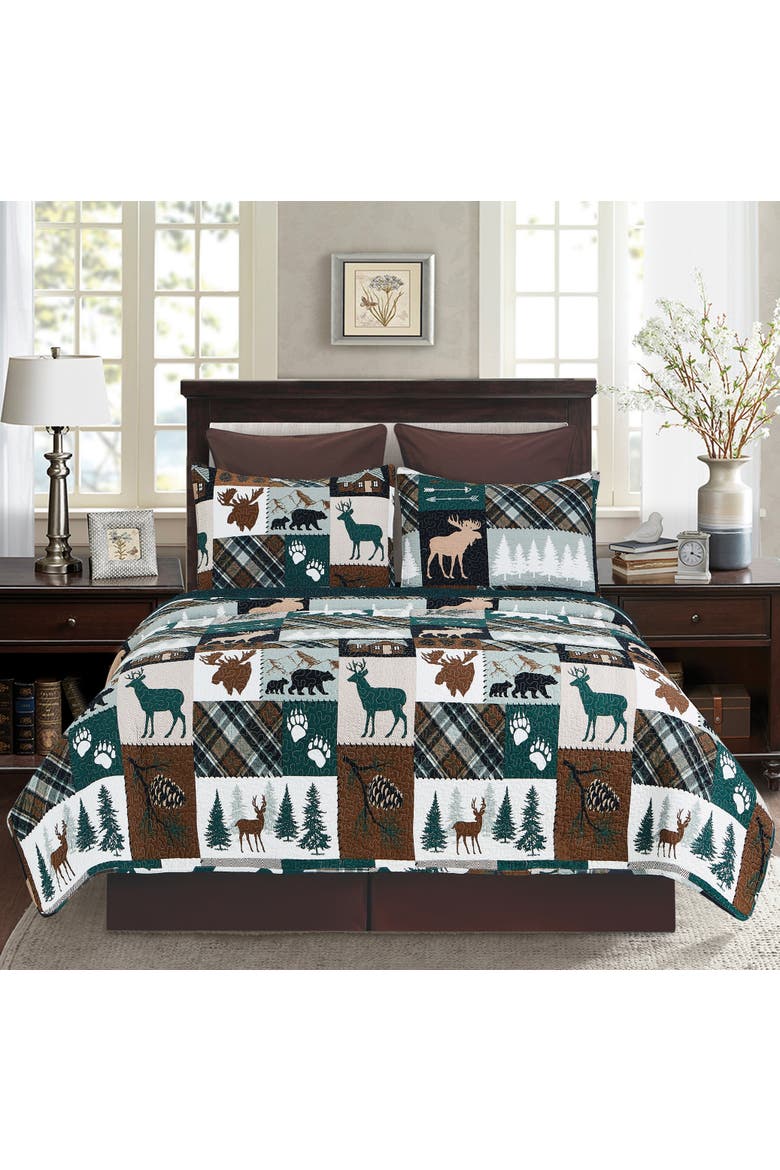 Fletcher Forest Rustic Lodge Cotton Quilt Set - Reversible and Machine Washable, Alternate, color, Brown