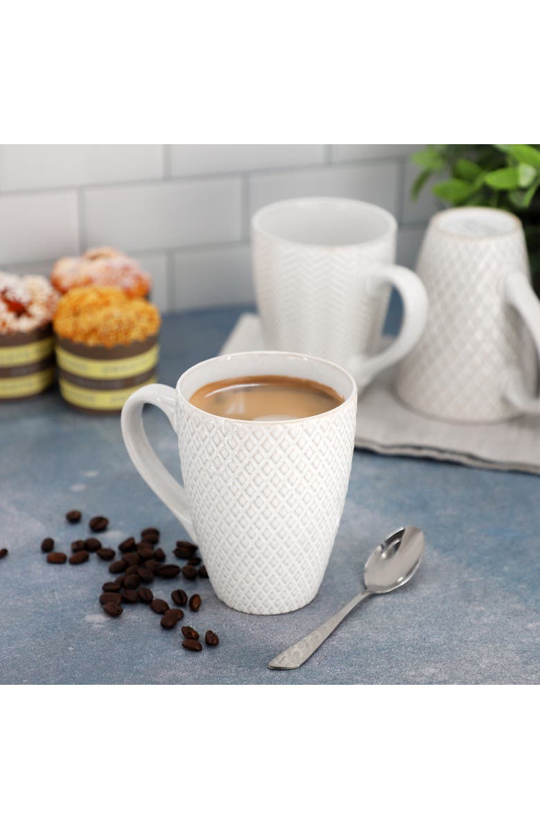 Gibson Elite Earlhart 4 Piece 16 Ounce Stoneware Assorted Pattern Mug Set, Alternate, color, White