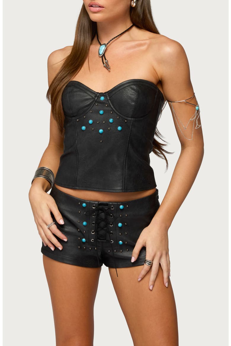 Jessica Underwire Faux Leather Crop Top, Main, color, BLACK