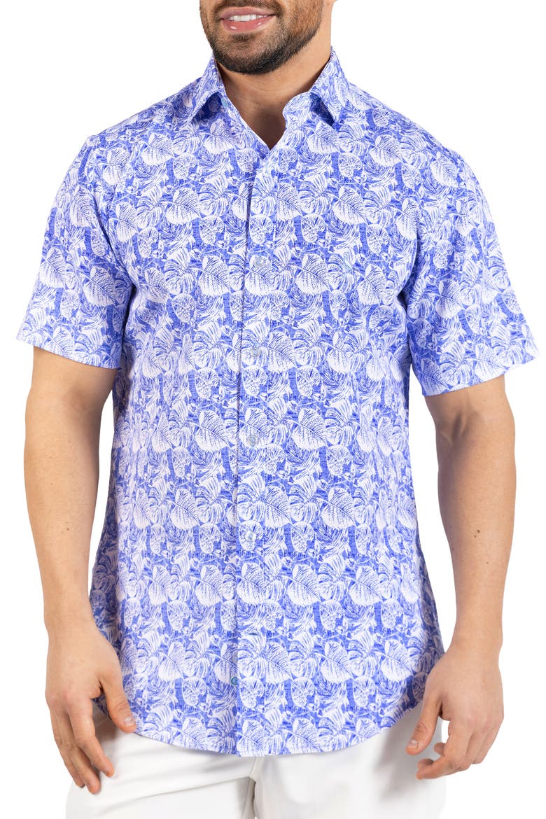 Distressed Hawaiian Leaves Short Sleeve Button-Up Shirt, Main, color, LIGHT BLUE