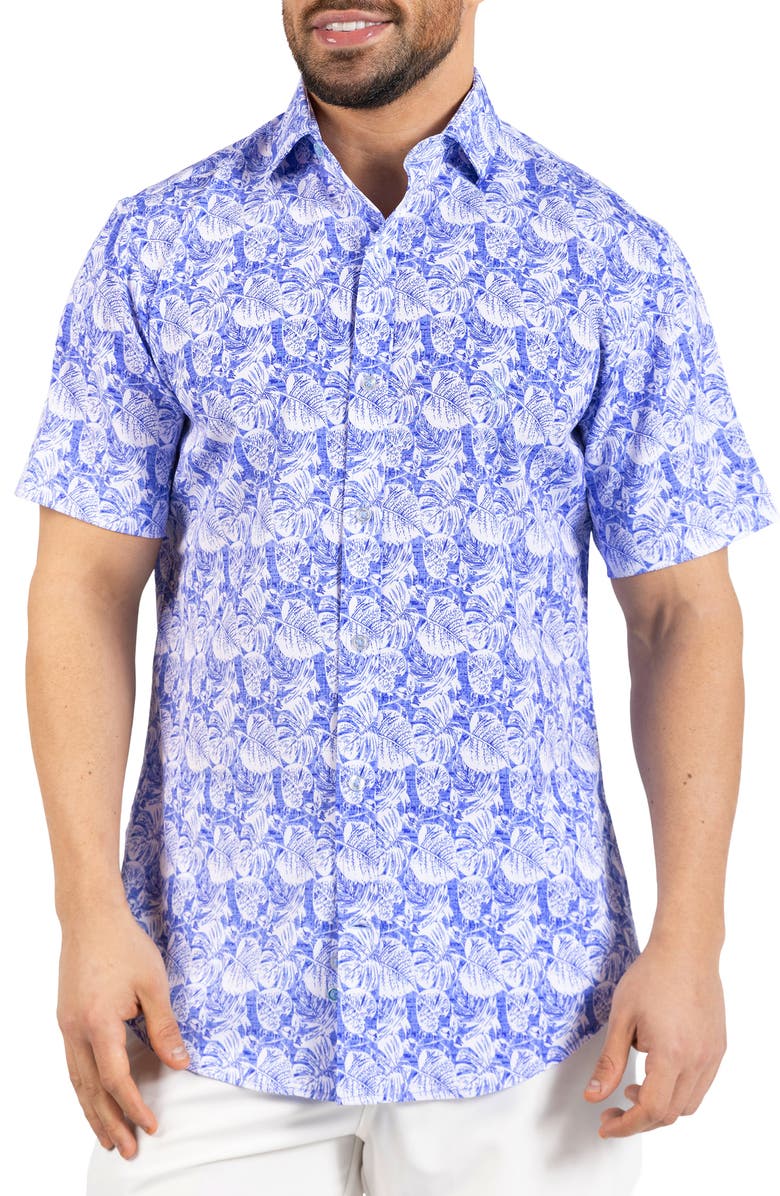TailorByrd Distressed Hawaiian Leaves Short Sleeve Button-Up Shirt, Main, color, Light Blue