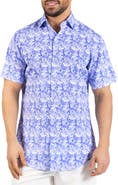 TailorByrd Distressed Hawaiian Leaves Short Sleeve Button-Up Shirt