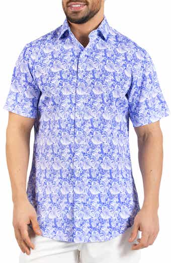 Distressed Hawaiian Leaves Short Sleeve Button-Up Shirt