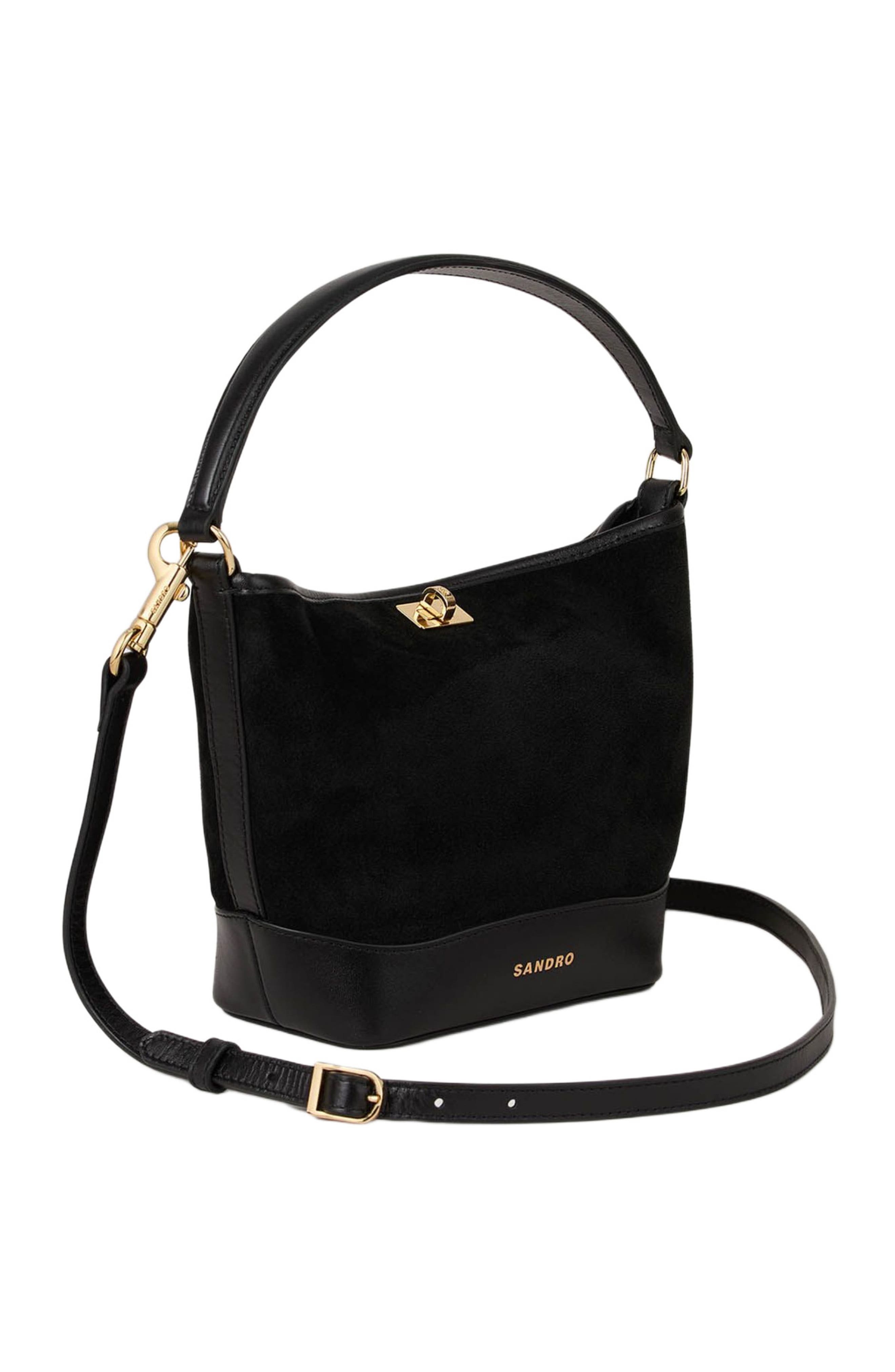 SANDRO Tangoso mini suede and leather bag, Alternate, color, Black
