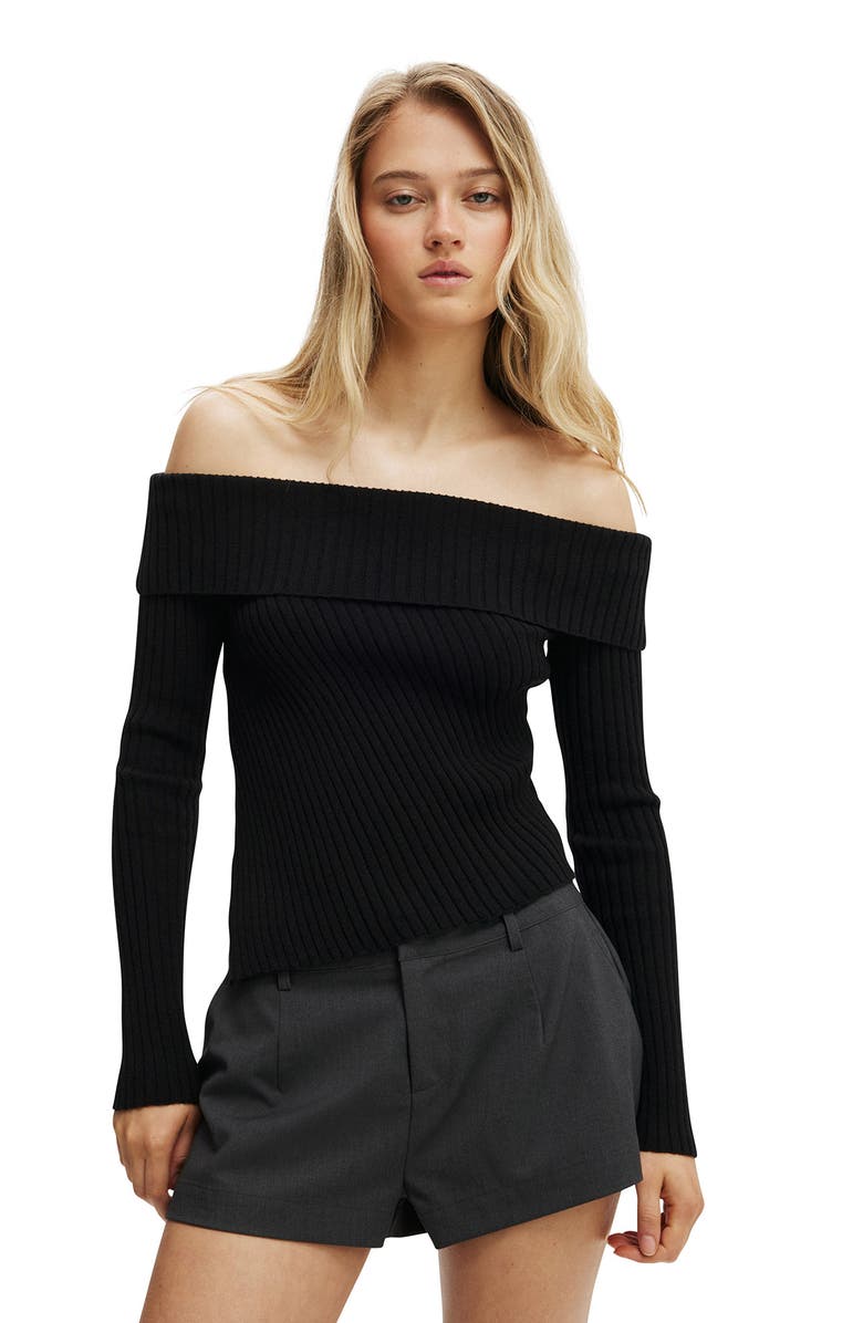 Cotton On Women's Asym Rib Off Shoulder Knit, Main, color, Black