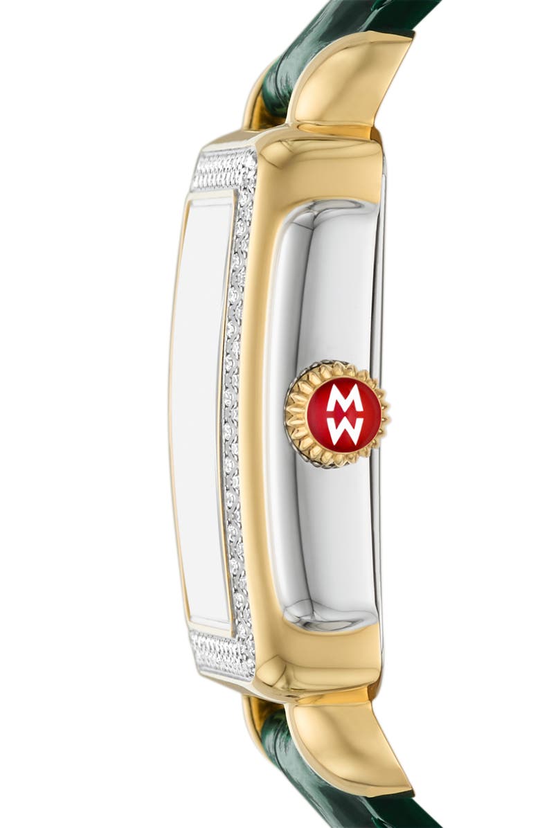 MICHELE Mid Deco Madison Special Edition Two-Tone 18K Gold Plate Diamond Leather Strap Watch, 29mm x 31mm, Alternate, color, Two-Tone / Green