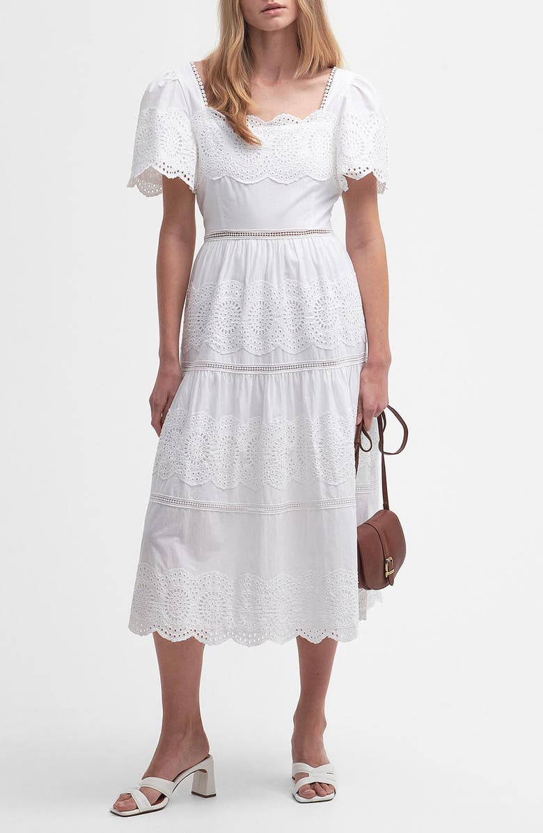 Barbour Joanne Eyelet Embroidered Tiered Cotton Midi Dress, Main, color, 
