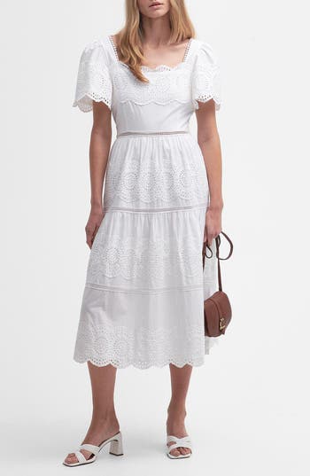 BARBOUR BARBOUR JOANNE EYELET EMBROIDERED TIERED COTTON MIDI DRESS