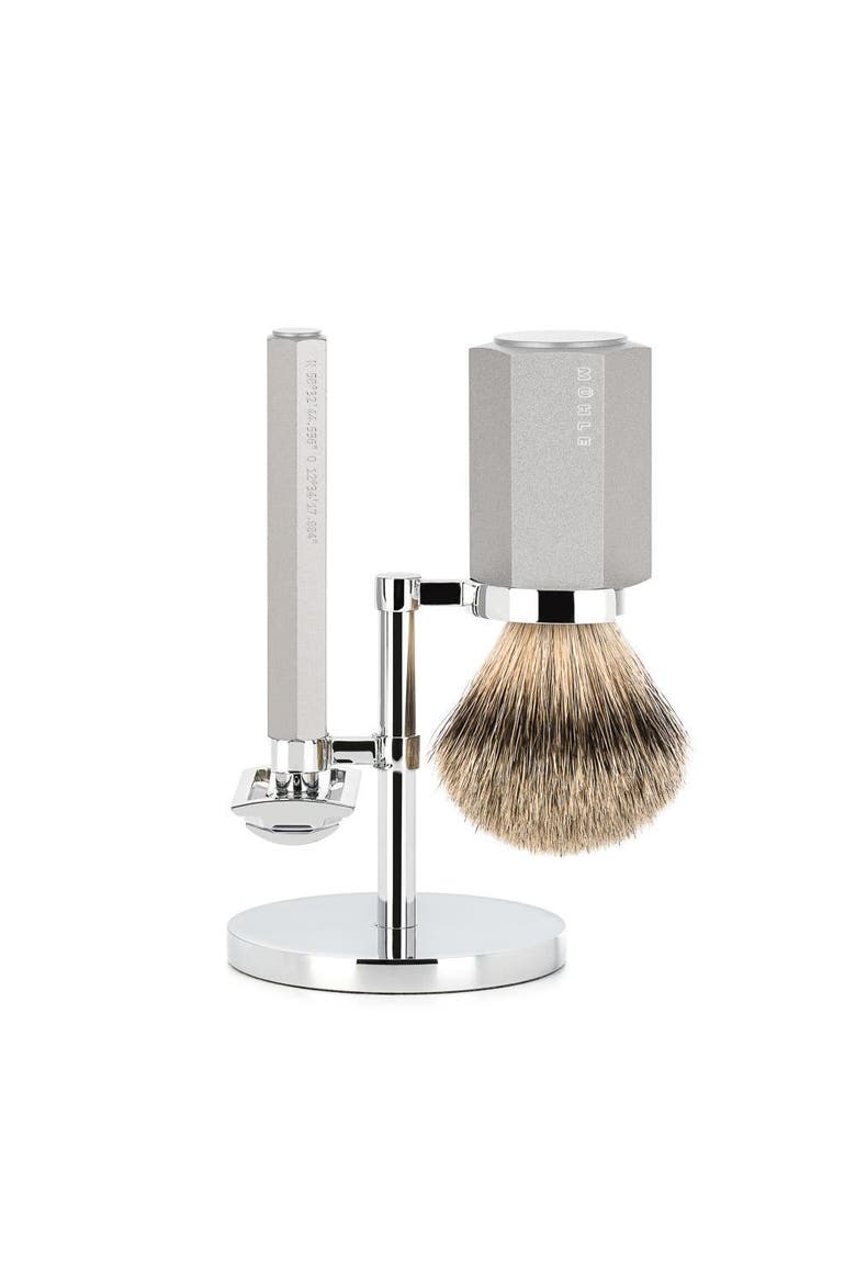 Hexagon Anodized Silver Silvertip Badger 3-Piece Shaving Set, Main, color, Silver