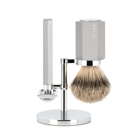 Hexagon Anodized Silver Silvertip Badger 3-Piece Shaving Set