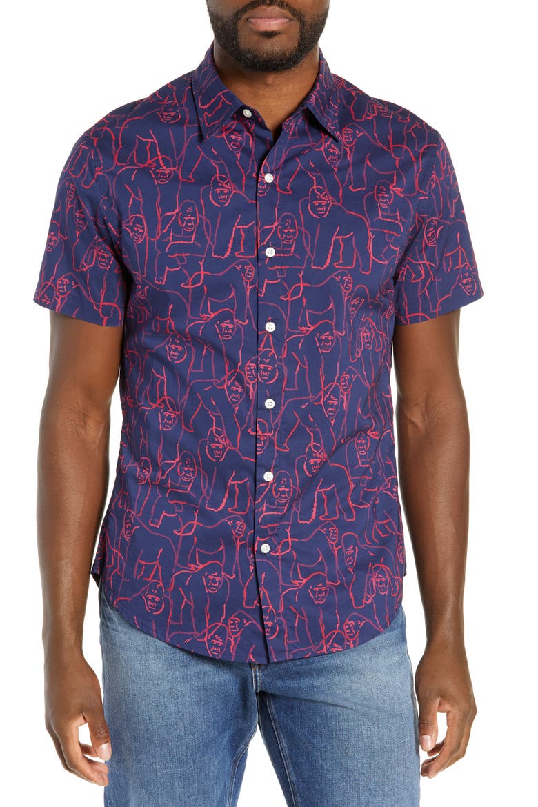 Riviera Slim Fit Gorilla Print Sport Shirt, Main, color, GORILLA - MEDIEVAL BLUE