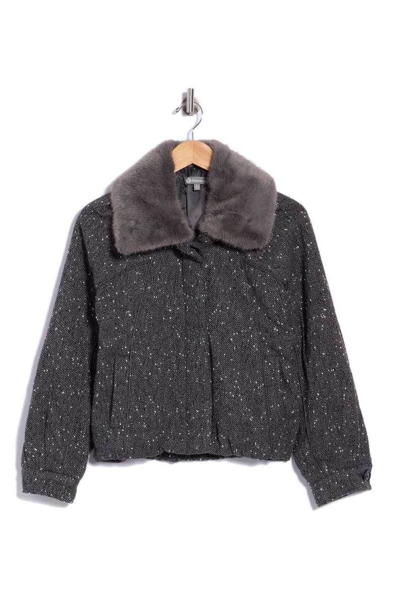 Faux Fur Collar Bomber Jacket, Alternate, color, BLACK WHITE MULTI