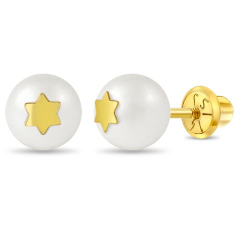 14k Star Embedded Pearl Earrings