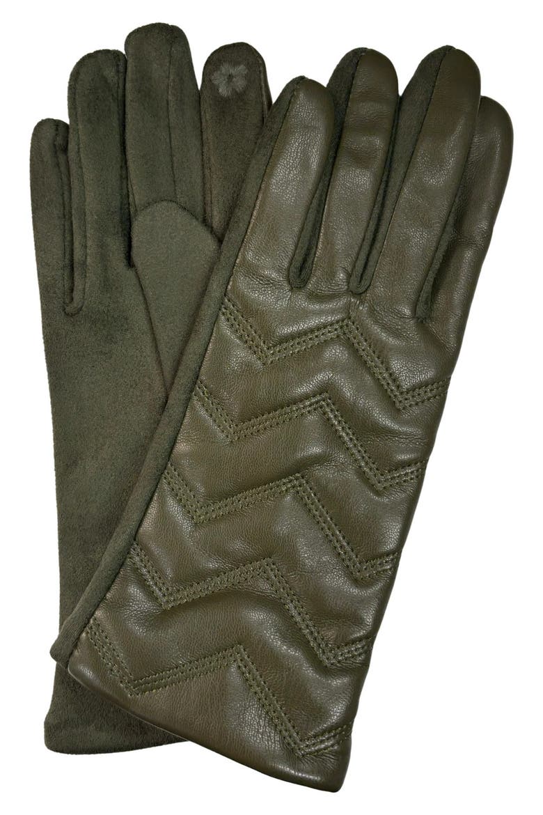 Tech Zigzag Faux Leather Gloves, Main, color, OLIVE
