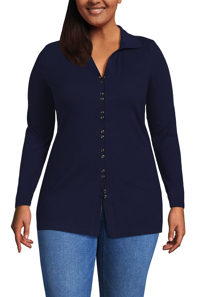 Plus Size Long Sleeve Polished Rib Button Through Tunic Shirt, Main, color, Deep Sea Navy