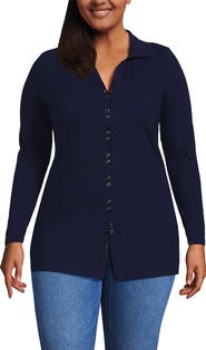 Lands' End Long Sleeve Polished Rib Button Through Tunic Shirt