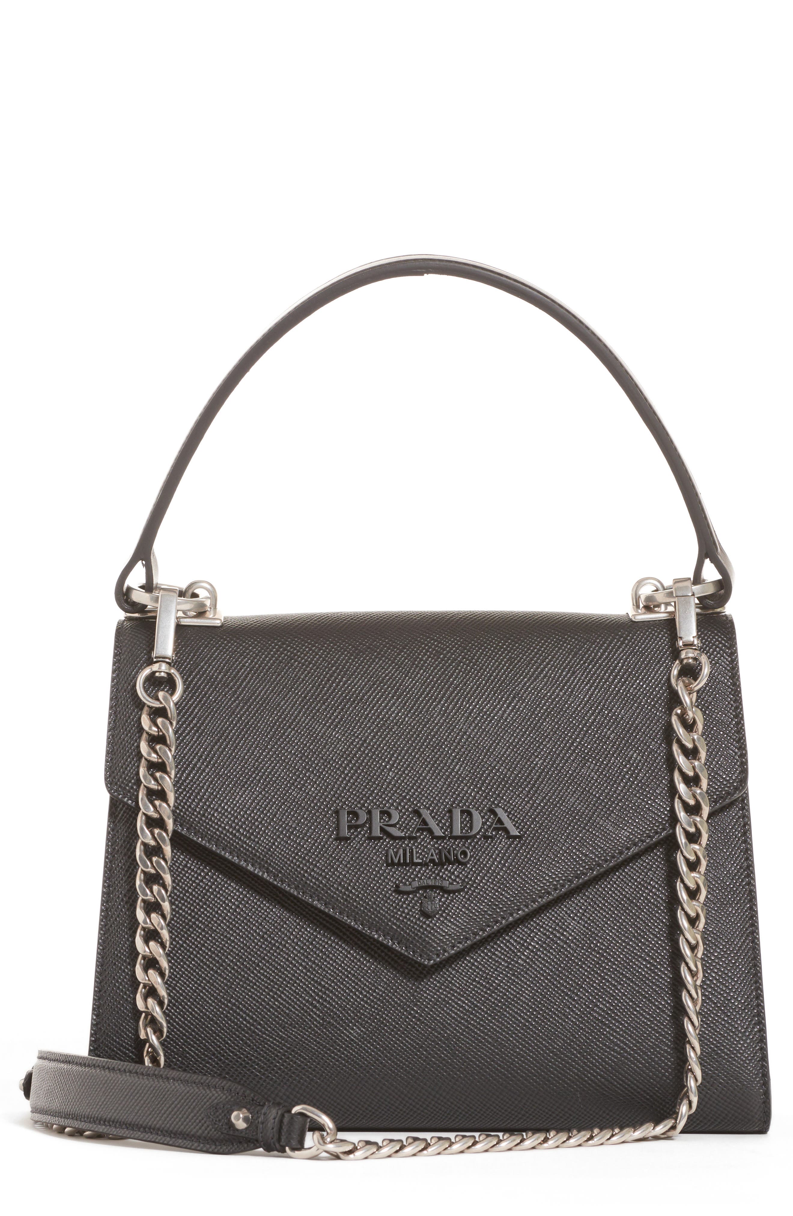 Prada Monochrome Logo Top Handle Leather Handbag, Main, color, 