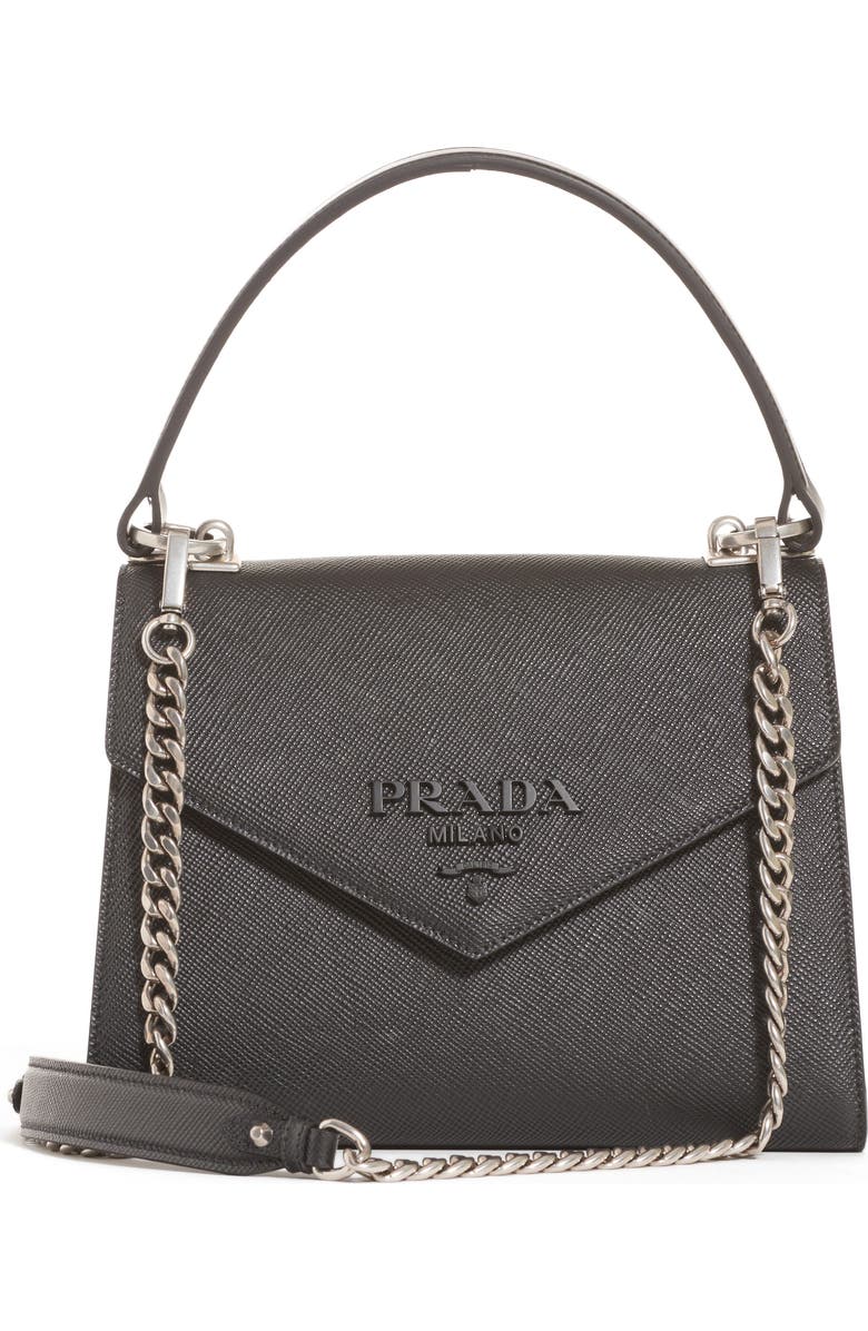 Prada Monochrome Logo Top Handle Leather Handbag, Main, color,