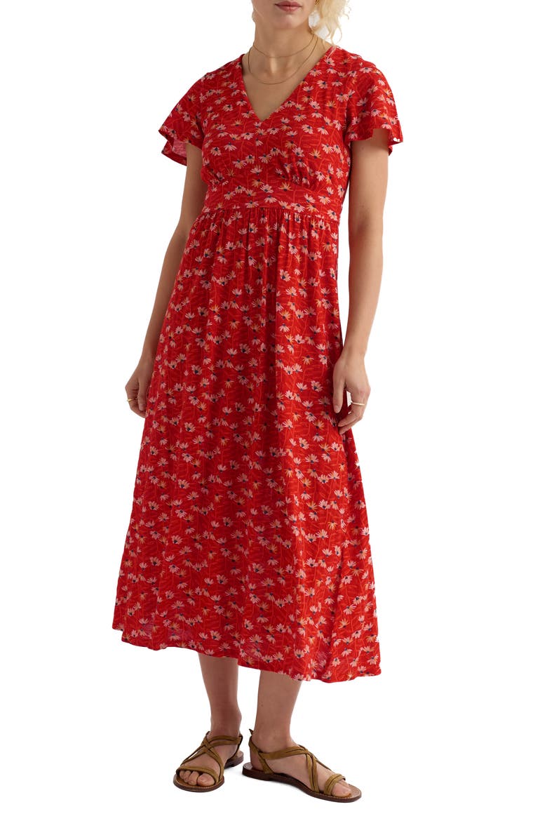Chateaux Floral Organic Cotton Midi Dress, Main, color, ECHINACEA STEMS TOMATO