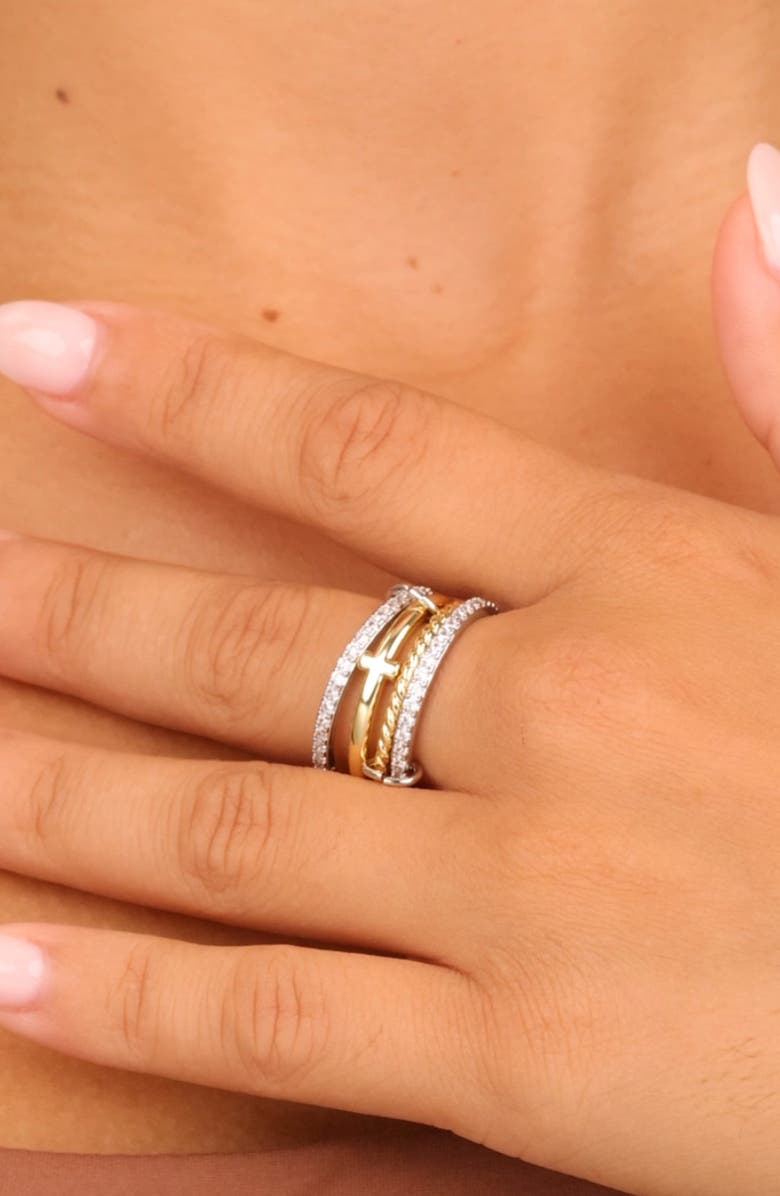 Sterling Forever Asta Cubic Zirconia Link Stacked Ring, Alternate, color, Dual Tone