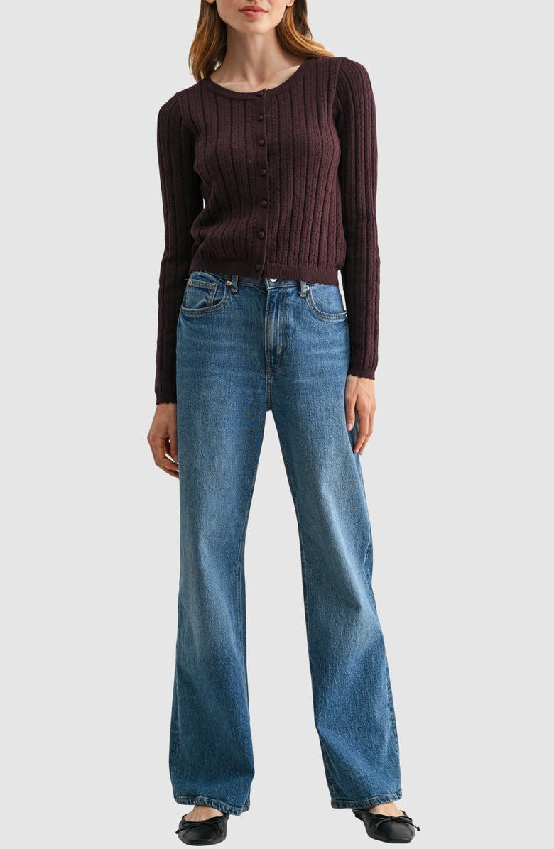 All in Favor Pointelle Button Down Cardigan, Alternate, color, Dark Brown