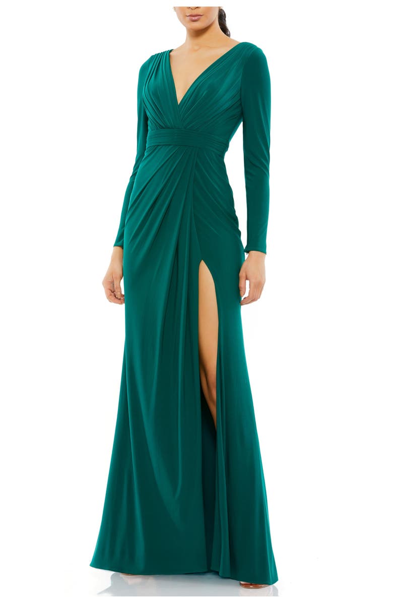 Mac Duggal Classic Long Sleeve Jersey Evening Gown with V-Neck, Pleated Bodice, and Thigh-High Slit, Main, color, Emerald