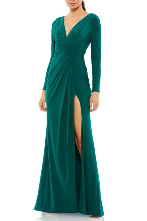 Classic Long Sleeve Jersey Evening Gown with V-Neck, Pleated Bodice, and Thigh-High Slit