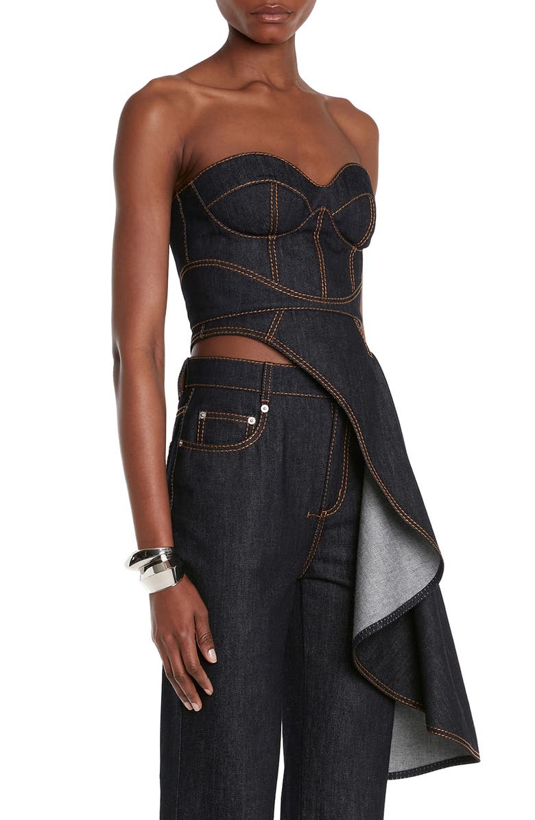 McQueen Asymmetric Drape Denim Corset Top, Alternate, color, 