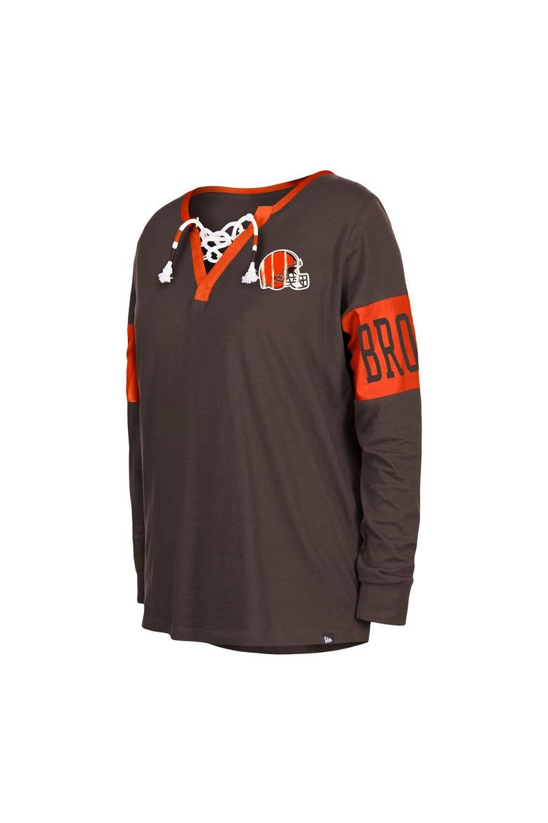 Women's New Era Brown Cleveland Browns Lace-Up Notch Neck Long Sleeve T-Shirt, Alternate, color, Brown