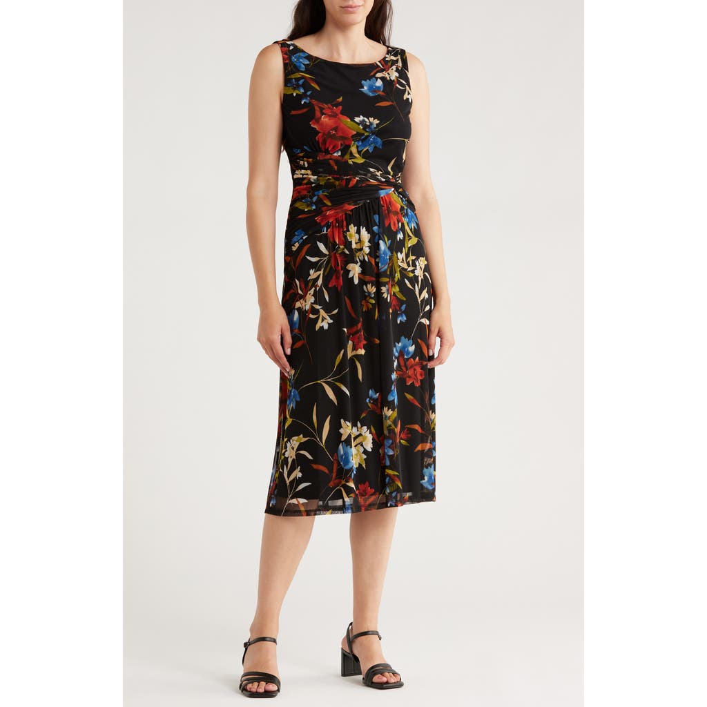 Connected Apparel Sleeveless Twist Waist Mesh A-line Dress In Black