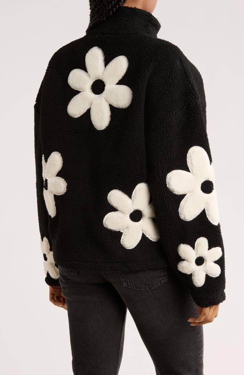 RDI Flower Appliqué Faux Shearling Zip Jacket, Alternate, color, Black