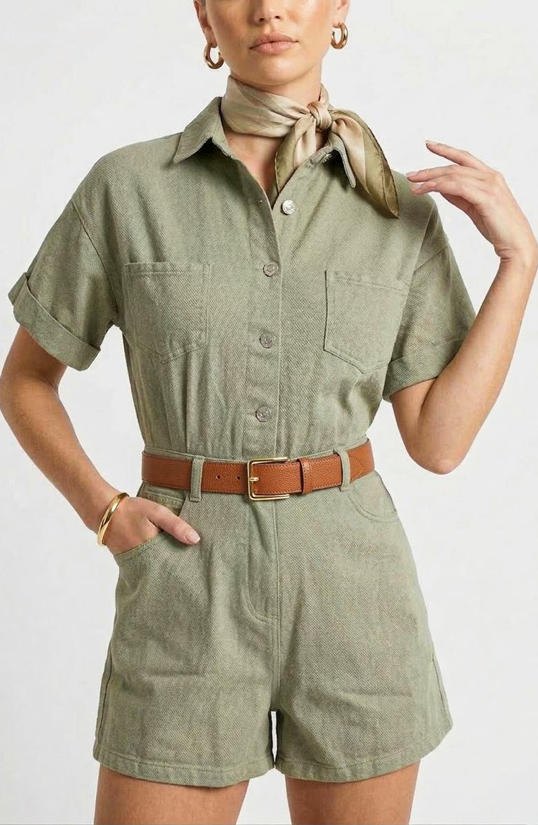 Knit & Lounge Short Sleeve Utility Romper with Button Front and Patch Pockets, Alternate, color, Green