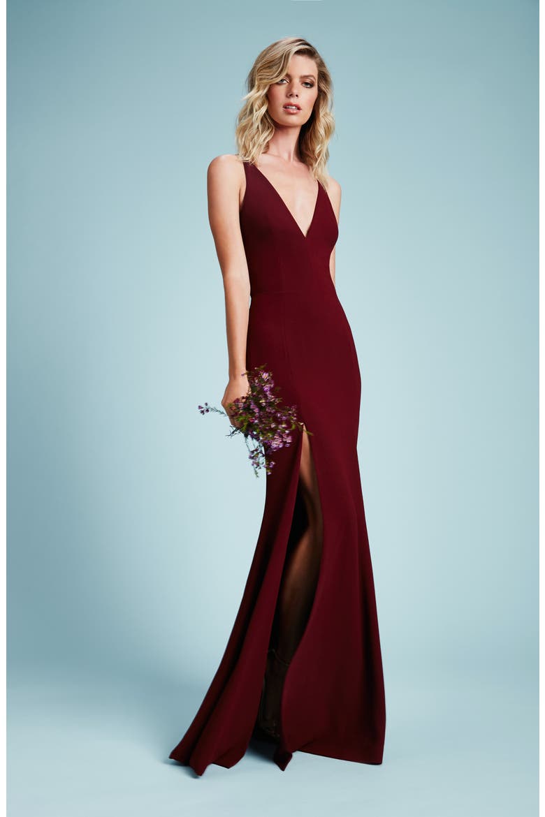 Iris Slit Crepe Gown, Alternate, color, BURGUNDY