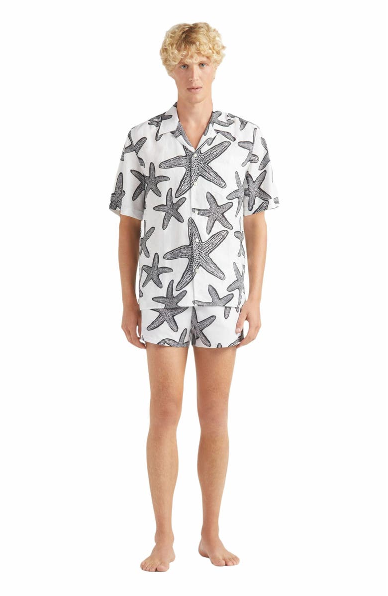 Vilebrequin Men's Starlettes Linen Bowling Shirt, Main, color, Blanc