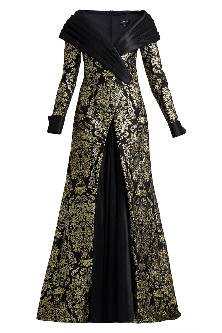Metallic Floral Jacquard Long Sleeve Mixed Media Gown, Alternate, color, GOLD/ MULTI