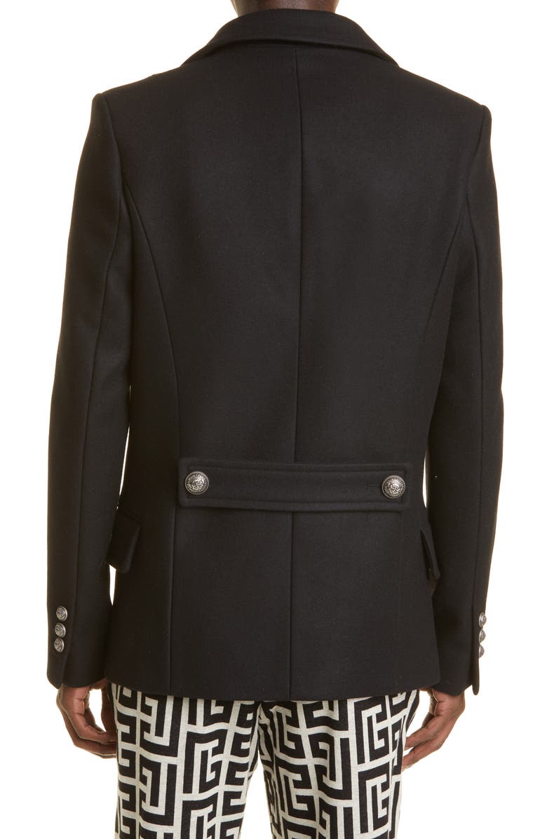 Balmain Double Breasted Wool Blend Peacoat, Alternate, color, 