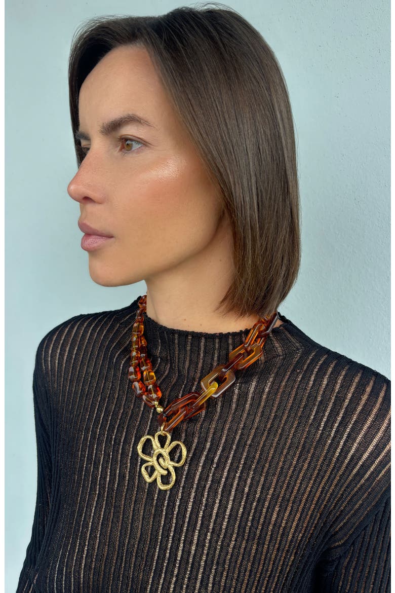 Flower Pendant Resin Link Necklace, Alternate, color, GOLD/ BROWN