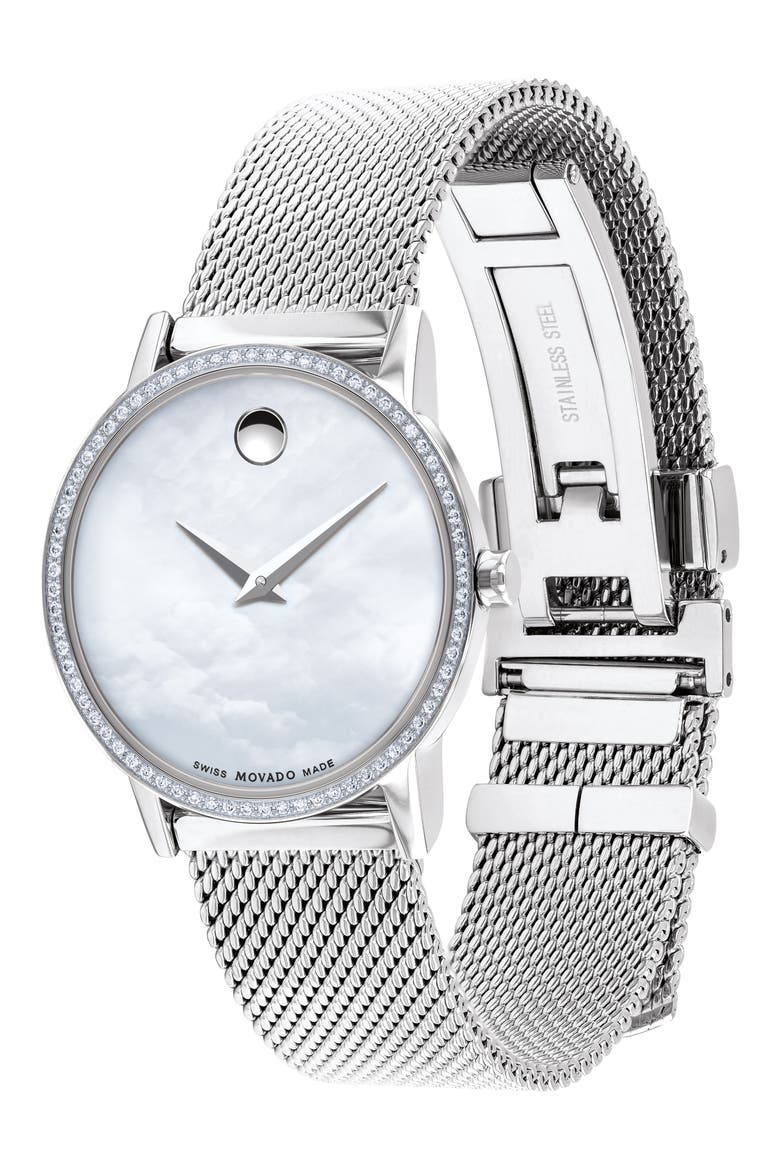 Museum Classic Diamond Bracelet Watch, 28mm, Alternate, color, SILVER/ WHITE MOP/ SILVER