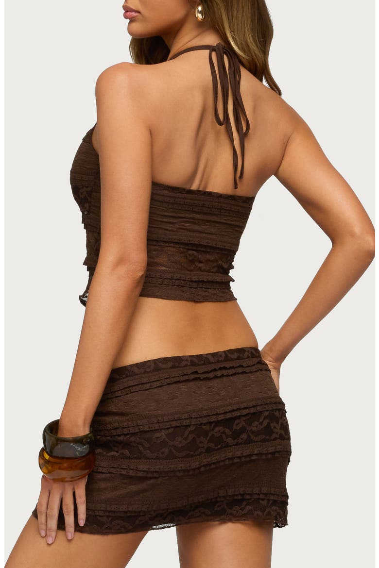 Zoya Ruffle Lace Handkerchief Halter Top, Alternate, color, BROWN
