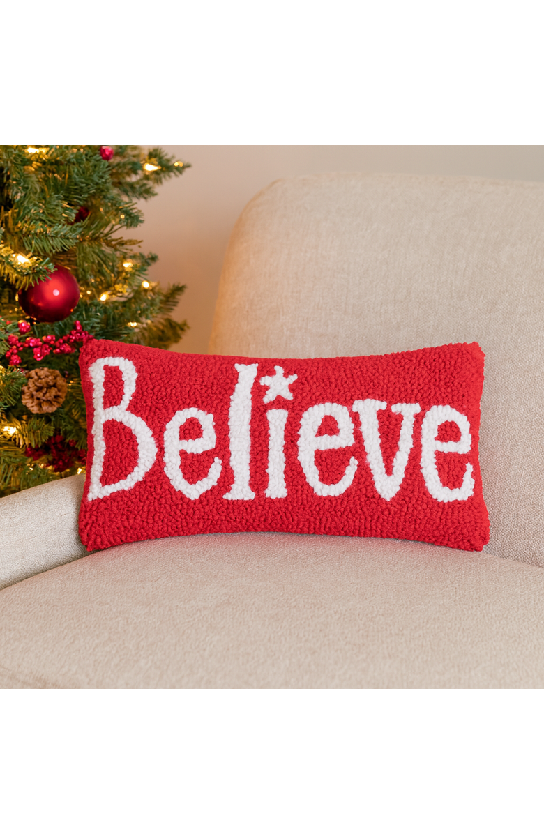 C&F Home Christmas "Believe" Small/Petite Hooked Accent Pillow, 6" x 12", Alternate, color, Red