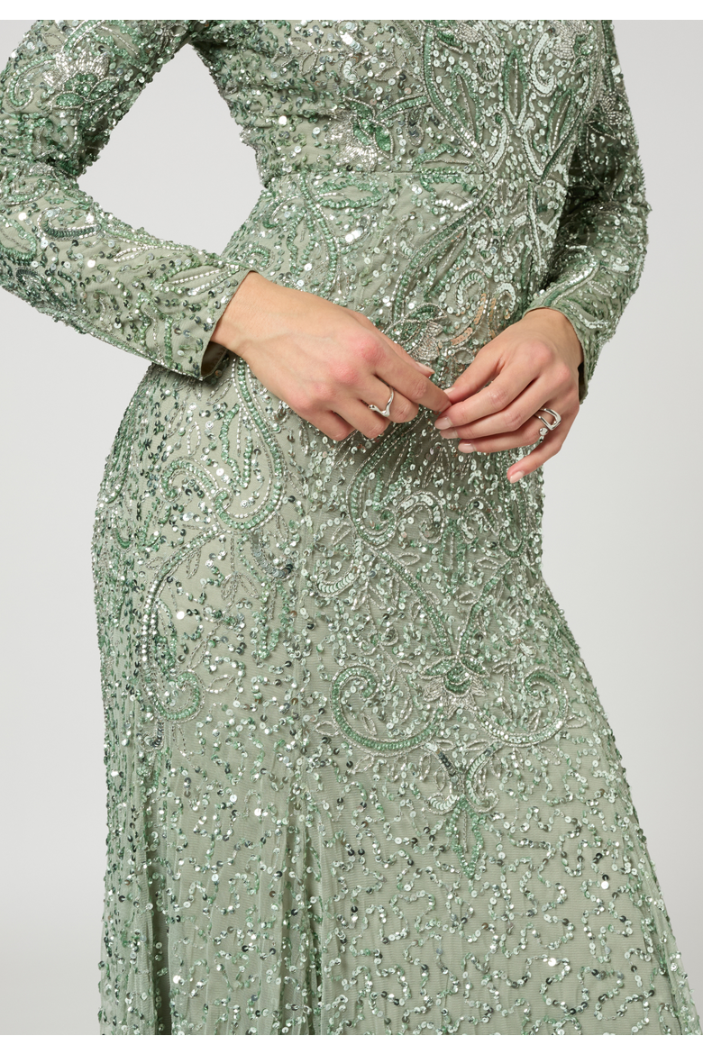 Modest Embellished Sequin Beaded Maxi Trail Dress, Alternate, color, SAGE GREEN