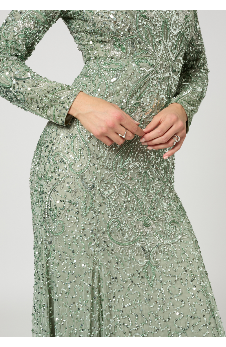 MARYISA Modest Embellished Sequin Beaded Maxi Trail Dress, Alternate, color, Sage Green